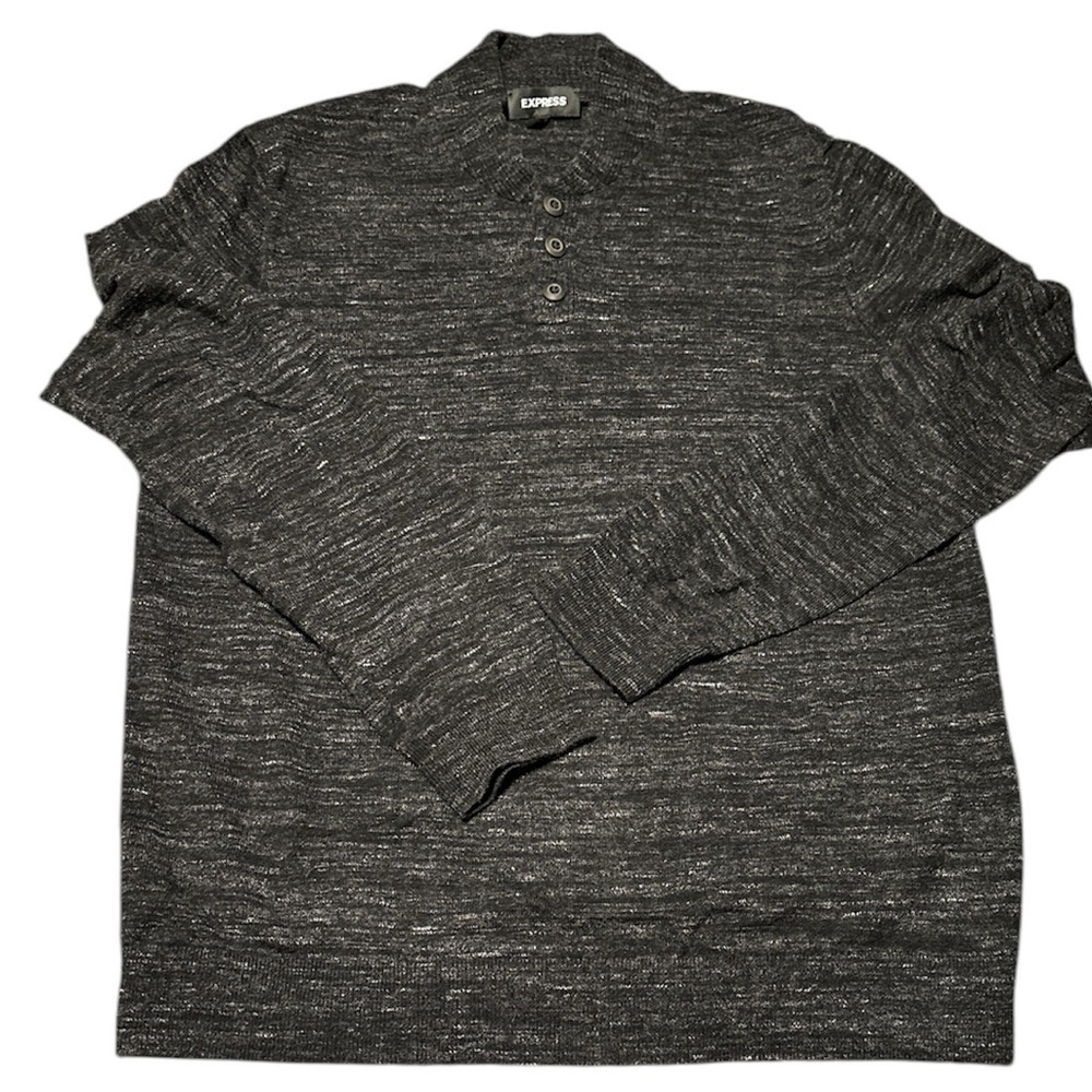 EXPRESS Men's 1/4 Button Mock Neck Pullover Sweater Size L Grey Marbled Cotton